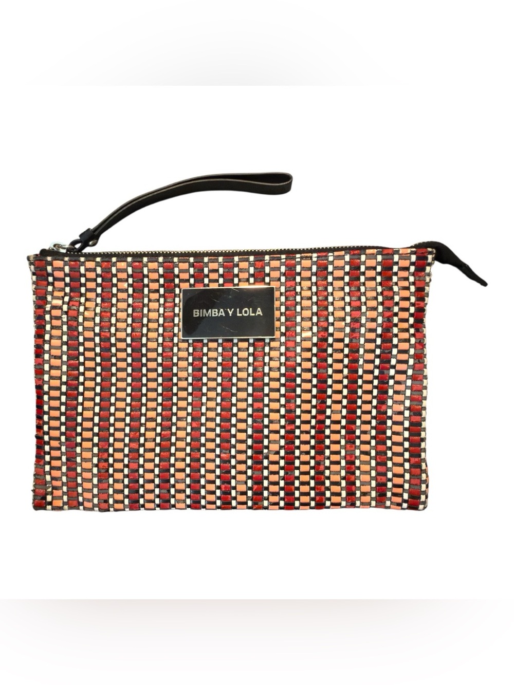 Bimba y Lola woven wristlet clutch in red, black & white FLAWED